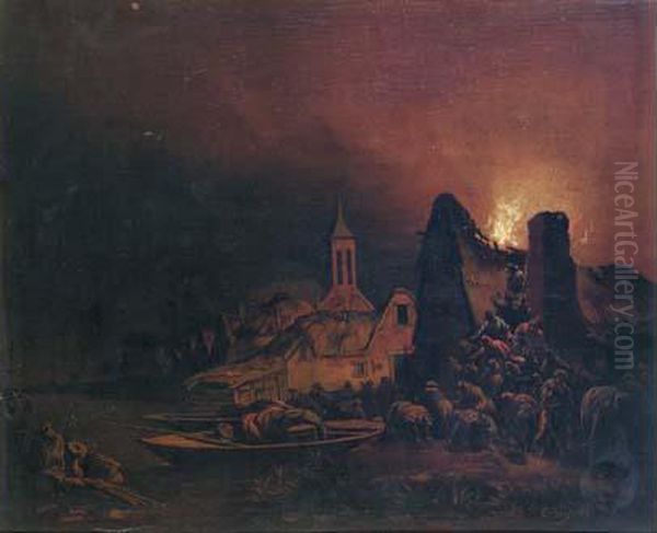 Scene D'incendie Nocturne Dans Un Village Au Bord D'un Canal - view 1
