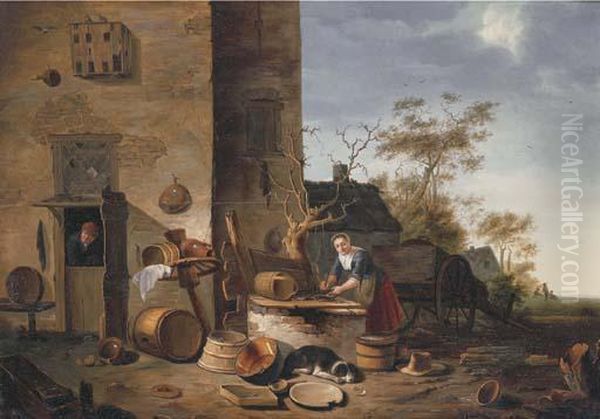 A Kitchenmaid Cleaning Fish Before A Farmhouse - view 1