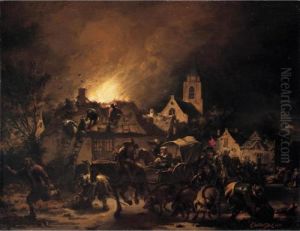 A Fire In A Village At Night