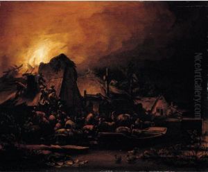 A Nocturnal Scene With A Cottage Ablaze Beside A Canal