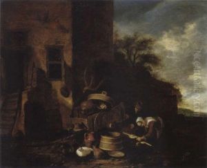 Landliche Szene Vor Einem Bauernhaus by Egbert van der Poel