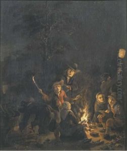 Boors Gathered Around A Bonfire At Night