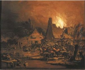 Villagers Putting Out A Cottage Fire At Night