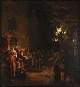 A Street Scene With Figures Standing Around A Tar-barrel