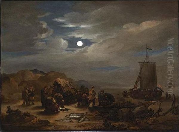 A Moonlit Beach Scene With Fishermen Unloading Their Catch - view 1