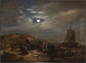 A Moonlit Beach Scene With Fishermen Unloading Their Catch by Egbert van der Poel