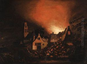 A Townhouse Ablaze At Night With Peasants Fighting A Fire