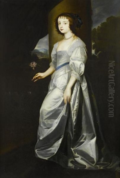 Portrait Of Lady Mary Villiers,
Full-length, In A White Silk Dress Standing Before An Open Curtain,
Holding A Rose - view 1