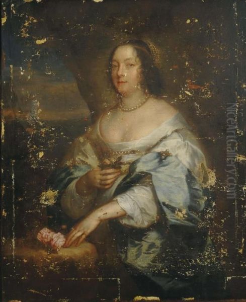 Portrait Of Diana Cecil,
Countess Of Oxford, Standing Three-quarter-length, In A White Silk Gown
With A Blue Wrap, With Pearl Earrings And Necklace, Holding A Flower In
Her Right Hand - view 1