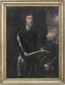 Portrait Of A Gentleman, 
Half-length, In Armour, A Baton In Hisleft Hand, A Battle Beyond