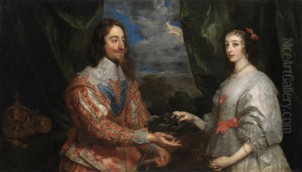 Double Portrait Of King Charles I
And Queen Henrietta Maria,three-quarter-length, With A Laurel Leaf,
Before A Draped Curtain,a Wooded Landscape Beyond - view 1