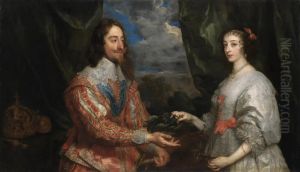 Double Portrait Of King Charles I
 And Queen Henrietta Maria,three-quarter-length, With A Laurel Leaf, 
Before A Draped Curtain,a Wooded Landscape Beyond by Sir Anthony Van Dyck