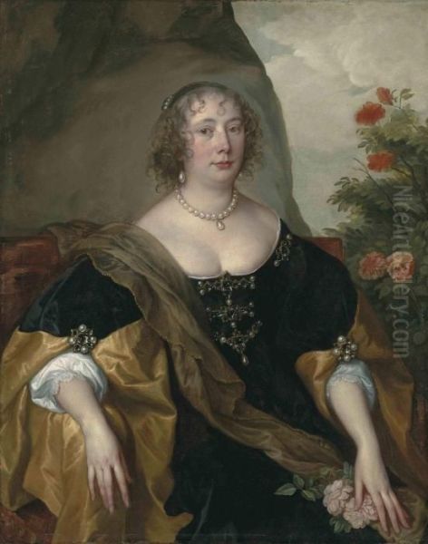 Portrait Of Beatrice, Countess
Of Oxford, Half-length, Seated, In Ablack Velvet Dress Lined With Gold
Silk, A Brown Mantle And Jewels,in A Landscape By A Rose Bush - view 1