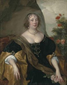 Portrait Of Beatrice, Countess 
Of Oxford, Half-length, Seated, In Ablack Velvet Dress Lined With Gold 
Silk, A Brown Mantle And Jewels,in A Landscape By A Rose Bush