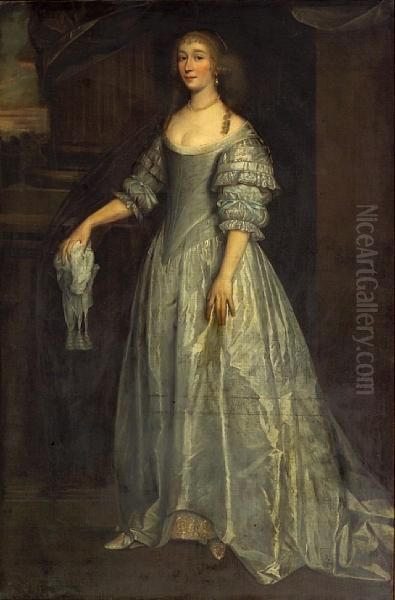 A Portrait Of A Lady, Full-length, Wearing Asilver Silk Dress - view 1
