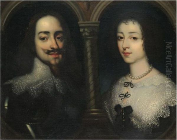 Portraits Of King Charles I And 
Queen Henrietta Maria, Bust Length, Set Within Feigned Ovals - view 1