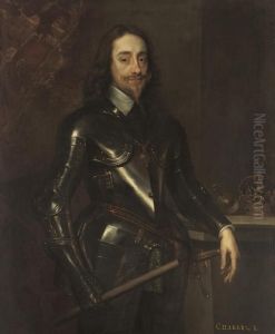 Portrait Of King Charles I,
Three-quarter-length, In Armour, A Baton In His Right Hand, An Orb And
Crown On A Plinth To His Left by Sir Anthony Van Dyck