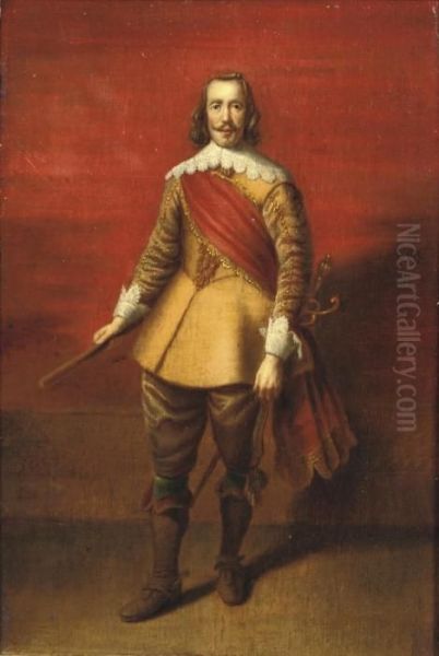 Portrait Of A Nobleman,
Full-length, In A Gold Embroidered Yellow Costume With Lace Cuffs And
Collar And A Red Sash - view 1