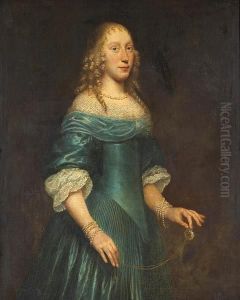 A Portrait Of A Lady, 
Three-quarter Length, Standing, Wearing A Blue Gown And Holding A Watch