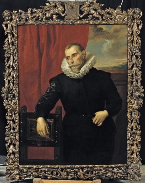 Portrait Of A Gentleman,
Three-quarter Length, In A Black Costume With A White Collar, Leaning On
A Chair Before A Red Curtain - view 1
