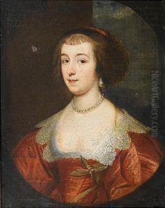 Portrait Of A Lady, Bust-length,
In A Red Dress With White Lace Trim And Orange Blossom, In A Painted
Oval by Sir Anthony Van Dyck