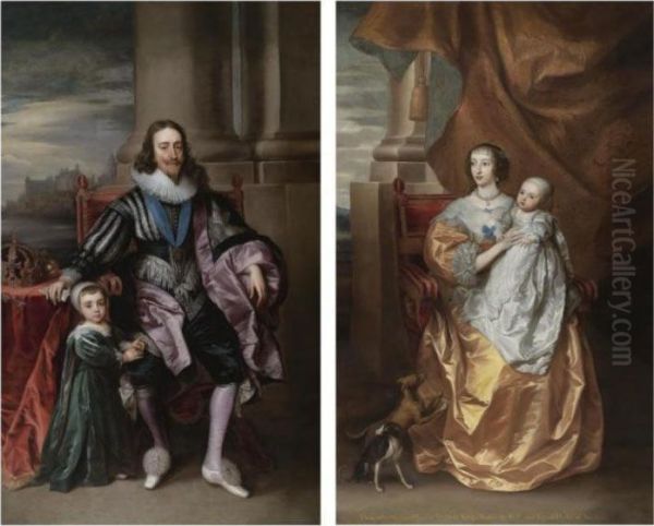 Portrait Of King Charles I, With
Charles, Prince Of Wales; Portrait Of Queen Henrietta Maria With Mary,
Princess Royal, And Her Greyhounds - view 1