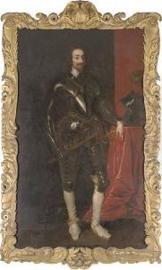 Portrait Of King Charles I
(1600-1649), Full-length, In Armour, His Right Arm Holding A Baton, His
Left Arm Resting On A Plinth, In An Interior by Sir Anthony Van Dyck