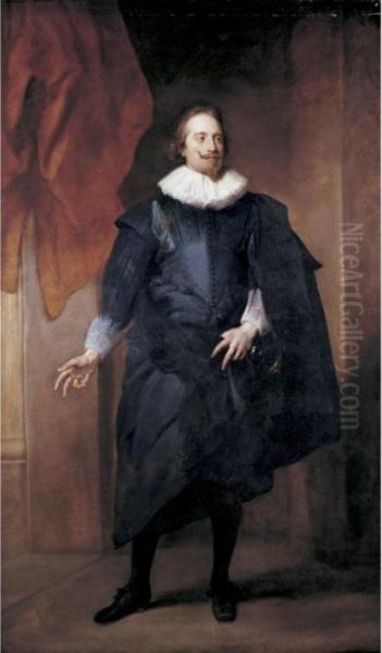 Portrait Of A Nobleman, Full-length, Standing, Wearing A Black Silk Doublet And Cloak - view 1