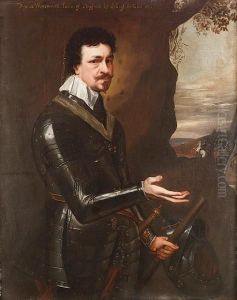 Portrait Of Thomas Wentworth,
Earl Of Strafford, Three-quarter-length, In Armour And Holding A Baton, A
View To A Battle Beyond by Sir Anthony Van Dyck