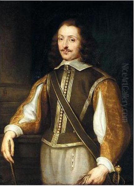 Portrait Of A Gentleman, 
Three-quarter Length, Wearing A Brown Jerkin With Slashed Embroidered 
Gold Sleeves, Holding A Pair Of Gloves - view 1