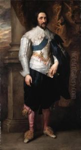 Portrait Of Charles, Marquis De
Vieuville, Full-length, In A Silverslashed Doublet With A Lace-edged
Collar And Cuffs, Black Silkcloak And Breeches, And Pink Hose, Wearing
The Order Of The Saintesprit, Beside A Draped Curtain On A Terrace, A
Lands by Sir Anthony Van Dyck