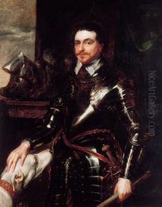 Portrait Of Thomas Wentworth, 
1st Earl Of Strafford (1593-1641),three-quarter-length, In Armour, 
Holding A Baton In His Left Hand,a Dog At His Side