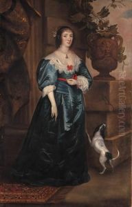 Portrait Of Mary, Lady Gerard, 
Of Bromley, Full-length, In A Bluedress, A Dog At Her Side, Beside A 
Classical Urn On A Plinth Onwhich Rests A Lizard