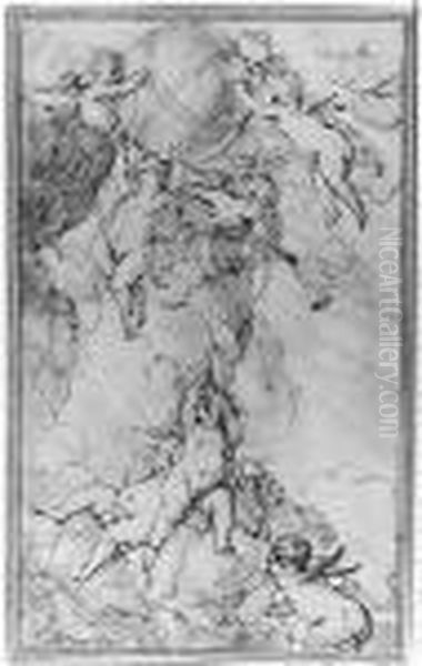 Putti In The Clouds Supporting A Globe - view 1