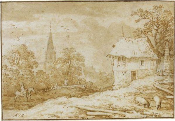 Cottage By A Road With A Horseman, A Church Tower Amid Trees In Thebackground - view 1
