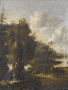 Wasserfall Mit Burgen Und Figurenstaffage