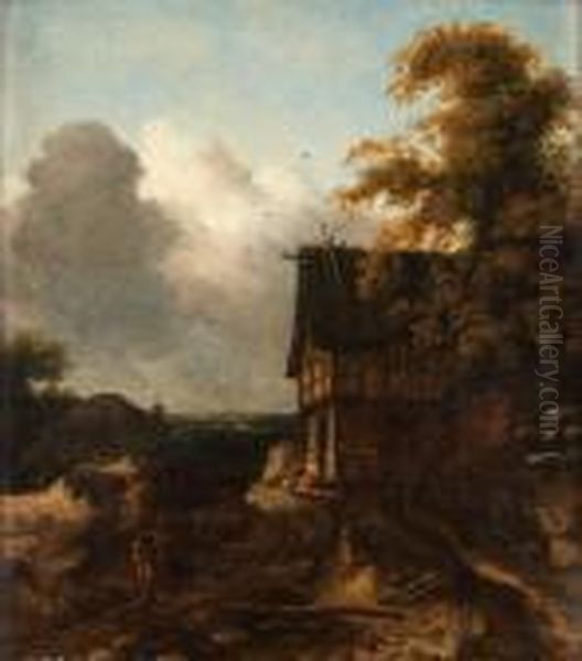 Landskap Med Korsvirkesbyggnad Och Figurer - view 1