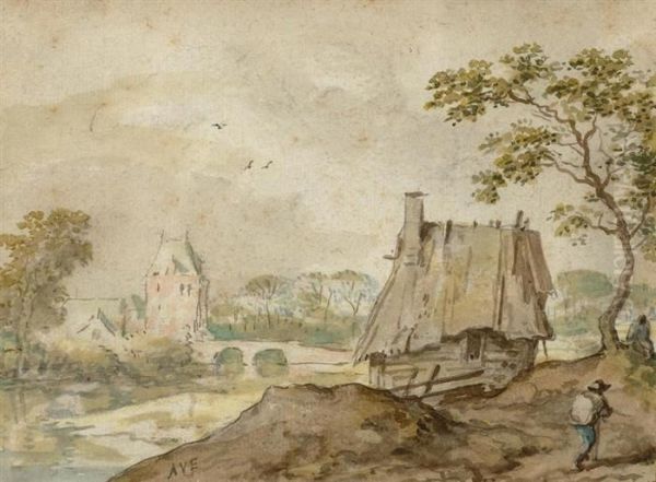 River Landscape With Peasant Hut And Traveller - view 1