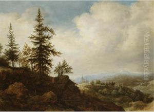 A Mountainous Landscape With A Figure Passing A Timber Shed In The Foreground