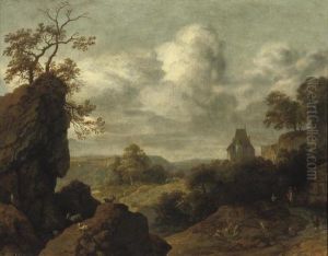 A Rocky Landscape With Figures On A Track, A Castle Beyond