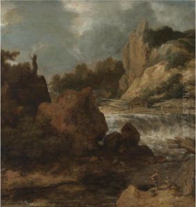 A Scandinavian River Landscape With Rapids And An Artist Sketching In The Foreground