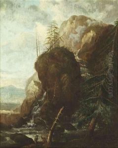 Rocky Landscape With A Waterfall And Figures. Oil/oak by Allart Van Everdingen