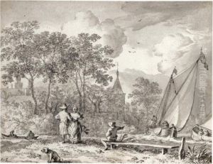 Landscape With Elegant Figures 
By A River, With Boats To The Right And A Town Behind Trees Beyond