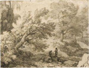 Wooded Landscape With Two Figures Resting By Rocks by Allart Van Everdingen