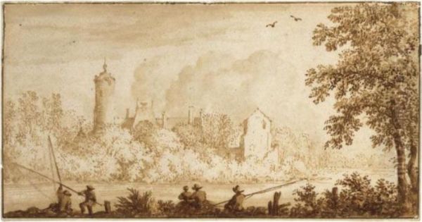 A Town Seen Across A River, With Anglers In The Foreground - view 1