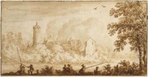 A Town Seen Across A River, With Anglers In The Foreground by Allart Van Everdingen