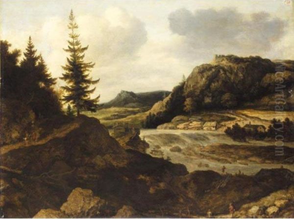 A Mountainous River Landscape
With Travellers, A Herder And Sheep In The Foreground, A Mill On The Far
River-bank - view 1