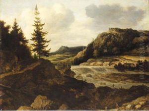 A Mountainous River Landscape 
With Travellers, A Herder And Sheep In The Foreground, A Mill On The Far
 River-bank