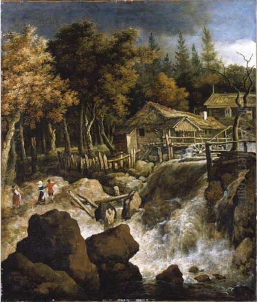 A Scandinavian Wooded Landscape
With A Watermill, Three Figures Beside A Waterfall In The Foreground - view 1