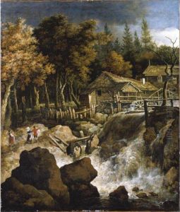A Scandinavian Wooded Landscape
With A Watermill, Three Figures Beside A Waterfall In The Foreground by Allart Van Everdingen